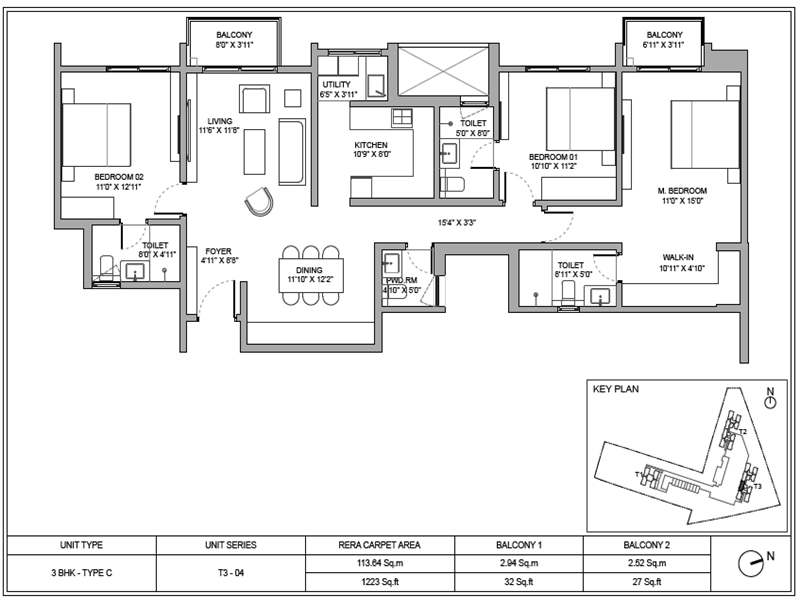 Birla Ojasvi 3 BHK 1223 Sq Ft Floor Plan